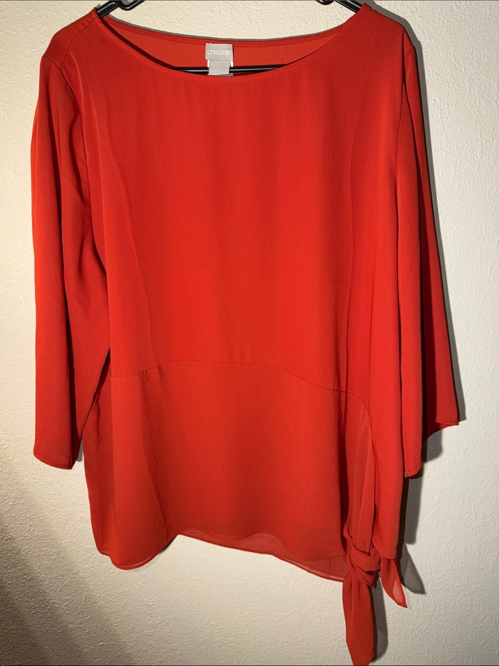 Chico's size 3 Rust/Tomatoe color Side-Tie Blouse, 3/4 sleeves